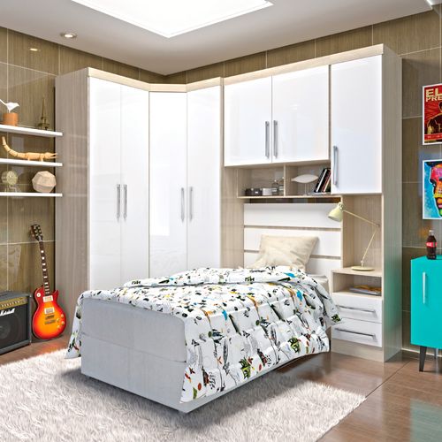 Quarto Modulado Solteiro com 7 Portas 2 Gaveta - Crema/ Branco Menor preço em Quarto Modulado Solteiro com 7 Portas 2 Gaveta - Crema/ Branco