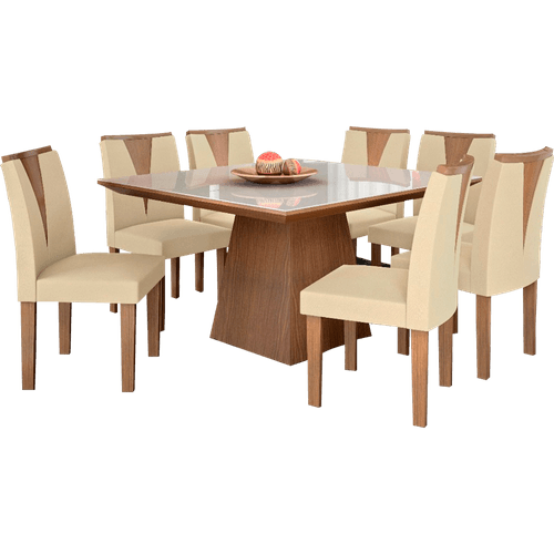 Mesa de Jantar, 8 Cadeiras, Com Tampo de Vidro Lj Móveis