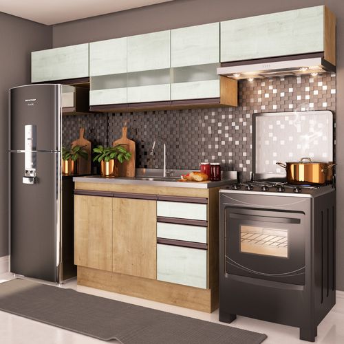 Cozinha Compacta Amália Aéreos e Balcão 2 Gavetas - Nogueira/Snow Menor preço em Cozinha Compacta Amália Aéreos e Balcão 2 Gavetas - Nogueira/Snow