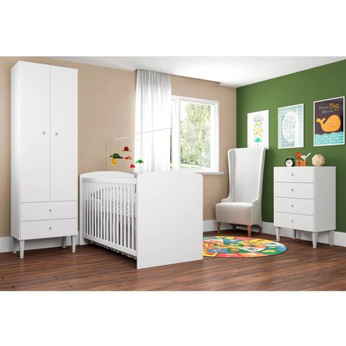 Quarto de Bebê Aconchego Berço, Guarda Roupa e Cômoda Branco Menor preço em Quarto de Bebê Aconchego Berço, Guarda Roupa e Cômoda Branco