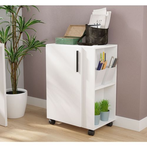 Balcão Trama 1 Porta 2 Prateleiras com Rodízios - Branco Menor preço em Balcão Trama 1 Porta 2 Prateleiras com Rodízios - Branco