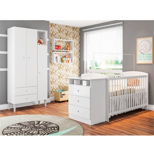 Quarto de Bebê Encanto Berço Cômoda, Nichos e Roupeiro - Branco Menor preço em Quarto de Bebê Encanto Berço Cômoda, Nichos e Roupeiro - Branco