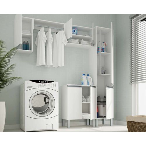 Conjunto Lavanderia Armários, Cabideiro e Balcão 2 Portas Branco Menor preço em Conjunto Lavanderia Armários, Cabideiro e Balcão 2 Portas Branco
