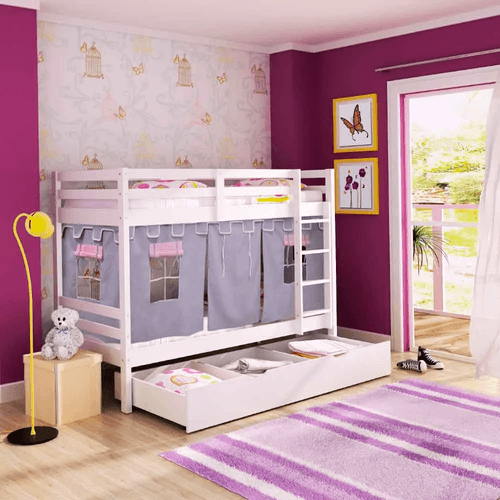 Beliche/ Treliche Teen Play e Gavetão/Cama Auxiliar com Rodízios - Madeira Maciça - Castelo Lilás Menor preço em Beliche/ Treliche Teen Play e Gavetão/Cama Auxiliar com Rodízios - Madeira Maciça - Castelo Lilás