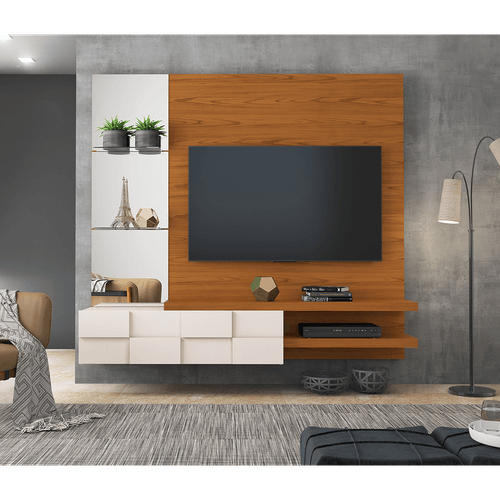 Painel em MDF, Revestimento U.V., Prateleiras em Vidro - Dj Móveis Turim - Carvalho Americano / Off White Menor preço em Painel em MDF, Revestimento U.V., Prateleiras em Vidro - Dj Móveis Turim - Carvalho Americano / Off White