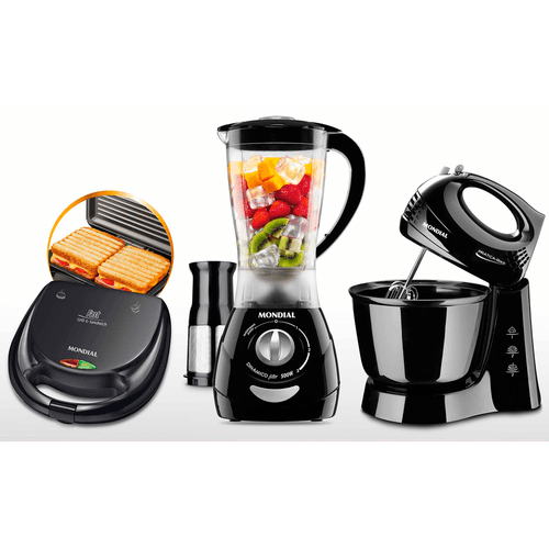 Kit Mondial Especial Gourmet II, Sanduicheira, Liquidificador e Batedeira, Preto - KT-56 Menor preço em Kit Mondial Especial Gourmet II, Sanduicheira, Liquidificador e Batedeira, Preto - KT-56