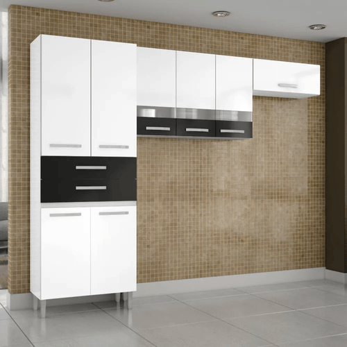 Cozinha Compacta Julia com Paneleiro Duplo e Armário Aéreo - Sem Balcão - Branco/Preto Menor preço em Cozinha Compacta Julia com Paneleiro Duplo e Armário Aéreo - Sem Balcão - Branco/Preto