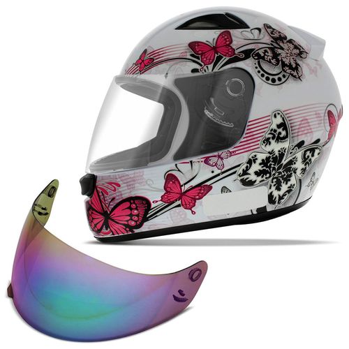 Capacete Fechado EBF New Spark Borboletas Branco e Rosa + Viseira Camaleão Colorida - Tamanho 58 Menor preço em Capacete Fechado EBF New Spark Borboletas Branco e Rosa + Viseira Camaleão Colorida - Tamanho 58