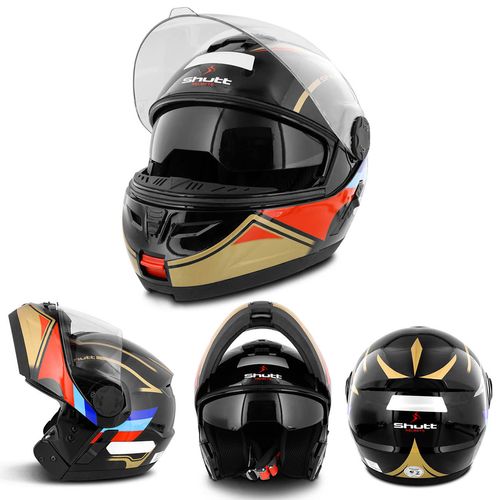 Capacete Escamoteável Robocop Articulado Preto com Dourado Vermelho e Azul Shutt ThurderBird - Preto e Azul Tamanho 60 é boa?