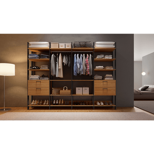 Closet Modulado em MDF, 4 Torres, 4 Gavetas, 18 Prateleiras, Com Cabideiro - TW406 - Freijó / Preto Fosco Menor preço em Closet Modulado em MDF, 4 Torres, 4 Gavetas, 18 Prateleiras, Com Cabideiro - TW406 - Freijó / Preto Fosco