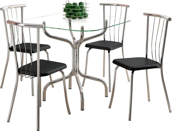 Mesa de Jantar 4 Cadeiras com Tampo de Vidro - Carraro 393 / 154 Preto