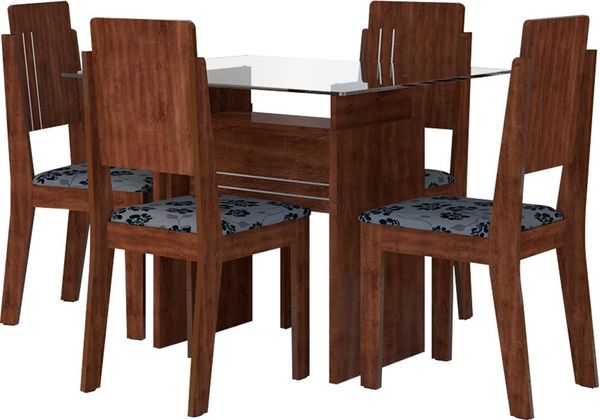Mesa de Jantar 5 Peças com Tampo em Vidro - RV Móveis Esmeralda Imbuia / Floral