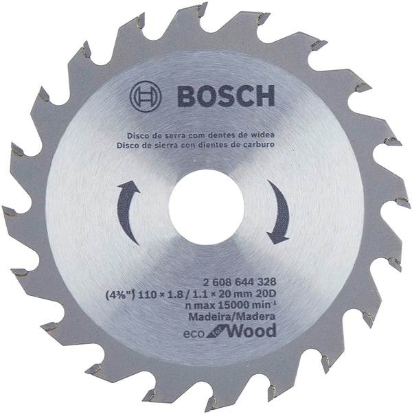 Disco de Serra Circular ECO Bosch, Aplicação em Madeira, 20 Dentes - D110X20T