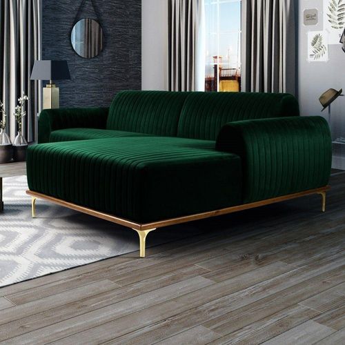 Sofá 320cm 5 Lugares Chaise Molino Veludo Verde Musgo - Novo Mundo Mobile