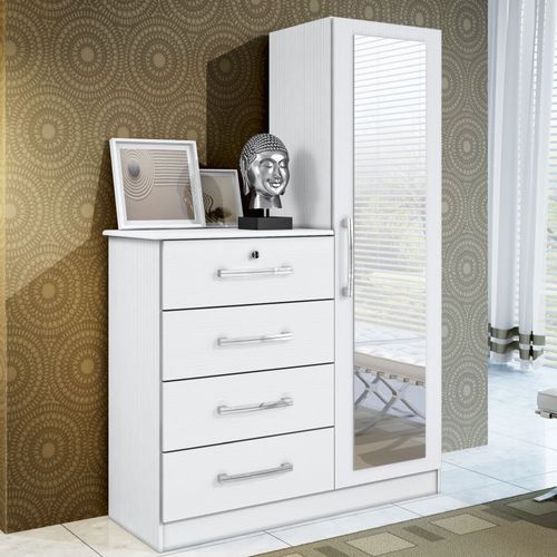 Cômoda Belize Plus 4 Gavetas e Porta com Espelho - Branco Textura Menor preço em Cômoda Belize Plus 4 Gavetas e Porta com Espelho - Branco Textura