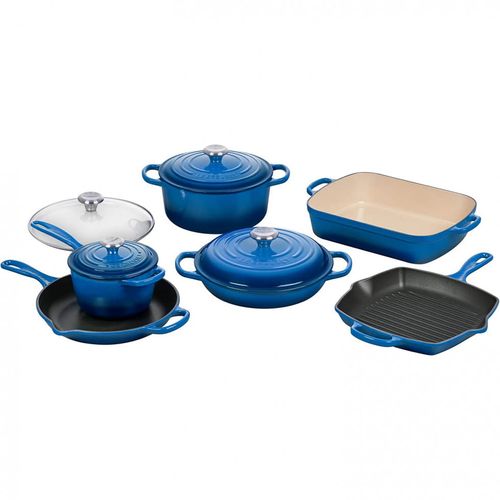 Le Creuset MS2110 59SS Conjunto de Panelas e Frigideira Antiaderentes de Ferro Fundido, 10 Peças, Azul Menor preço em Le Creuset MS2110 59SS Conjunto de Panelas e Frigideira Antiaderentes de Ferro Fundido, 10 Peças, Azul
