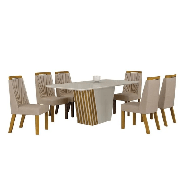Mesa de Jantar Liz 1,80m MDF com 6 Cadeiras Estofadas e Tampo de Vidro Serigrafado Temperado Palha Freijo / Off White