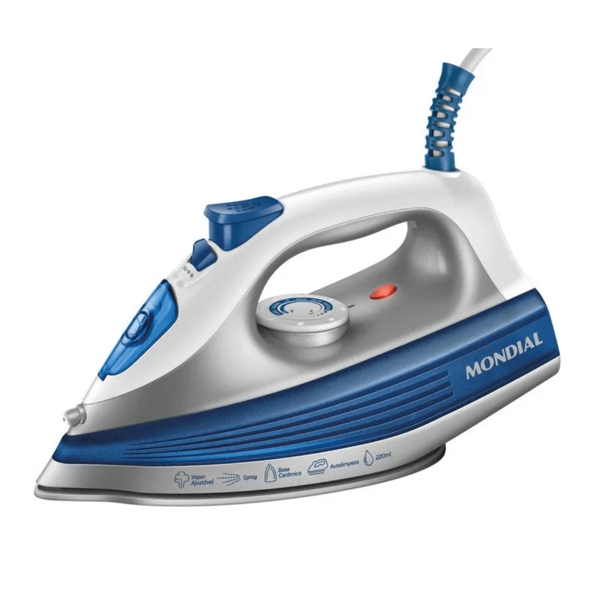 Ferro à Seco Mondial 1200W Base Cerâmica Diamante Vapor Contínuo e Spray Branco/Azul - FVN-01-BL