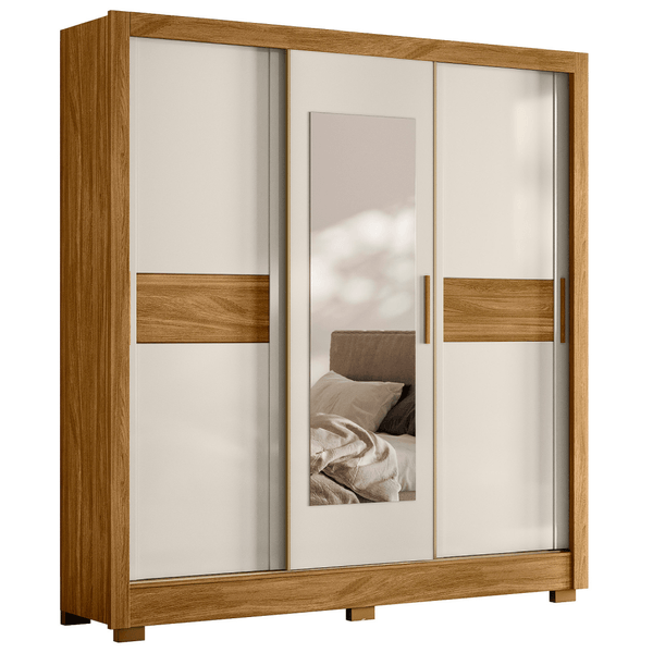 Guarda-Roupa Casal MDP 3 Portas 2 Gavetas Puxadores MDF com Pés com Espelho Bahamas Freijó / Off-White