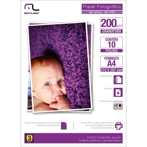 Papel Fotográfico Multilaser A4 200G /M2 C/ 10 Folhas - Branco - PE011 Menor preço em Papel Fotográfico Multilaser A4 200G /M2 C/ 10 Folhas - Branco - PE011