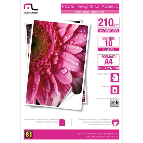 Papel Fotografico Multilaser Adesivo 210G/M2 A4 C/ 10 Fls - PE007 Menor preço em Papel Fotografico Multilaser Adesivo 210G/M2 A4 C/ 10 Fls - PE007