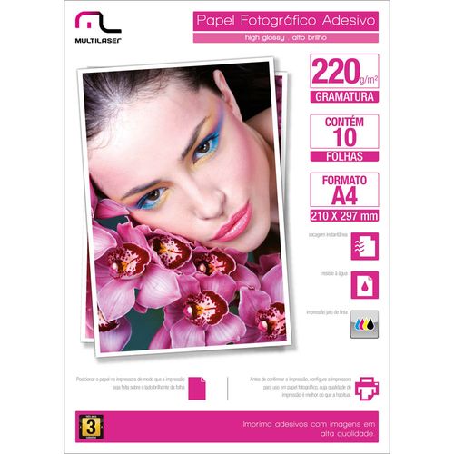 Papel Fotografico Multilaser Adesivo 220G/M2 10 Fls A4 - PE001 Menor preço em Papel Fotografico Multilaser Adesivo 220G/M2 10 Fls A4 - PE001