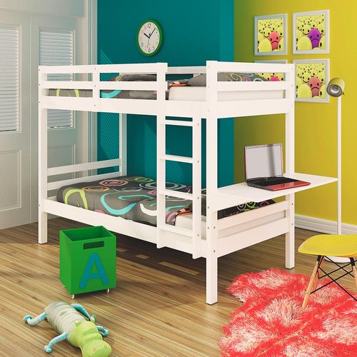 Beliche Teen Play com Escrivaninha e Grade de Proteção Superior - Madeira Maciça - Branco Menor preço em Beliche Teen Play com Escrivaninha e Grade de Proteção Superior - Madeira Maciça - Branco
