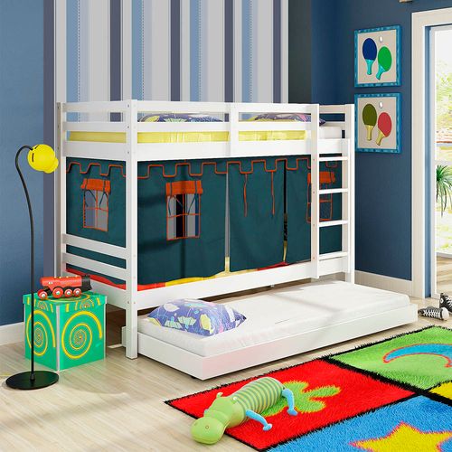 Beliche Infantil Teen Play com Cama Auxiliar e Tenda Azul - Madeira Maciça - Laca Branco Menor preço em Beliche Infantil Teen Play com Cama Auxiliar e Tenda Azul - Madeira Maciça - Laca Branco