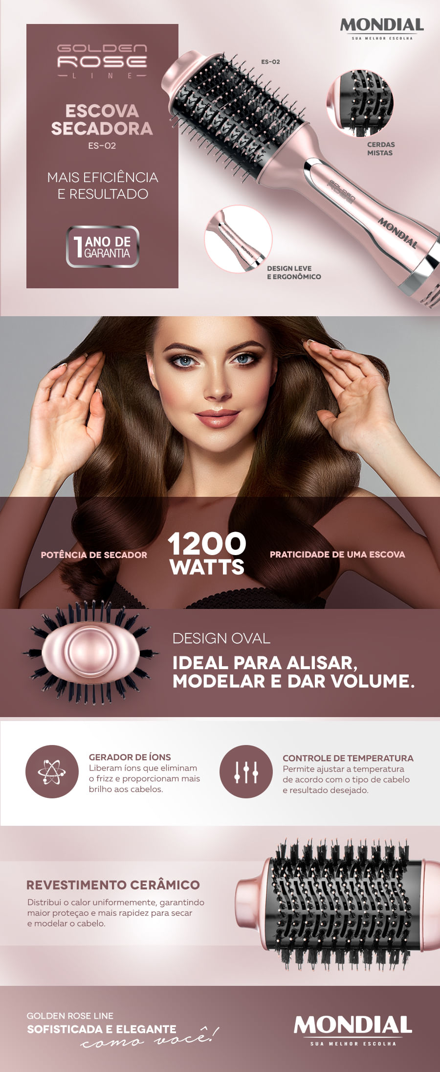 Escova Secadora Golden Rose Mondial, Ajuste Temperatura, Cabo Giratório 360, 1200W, 220V - ES-02