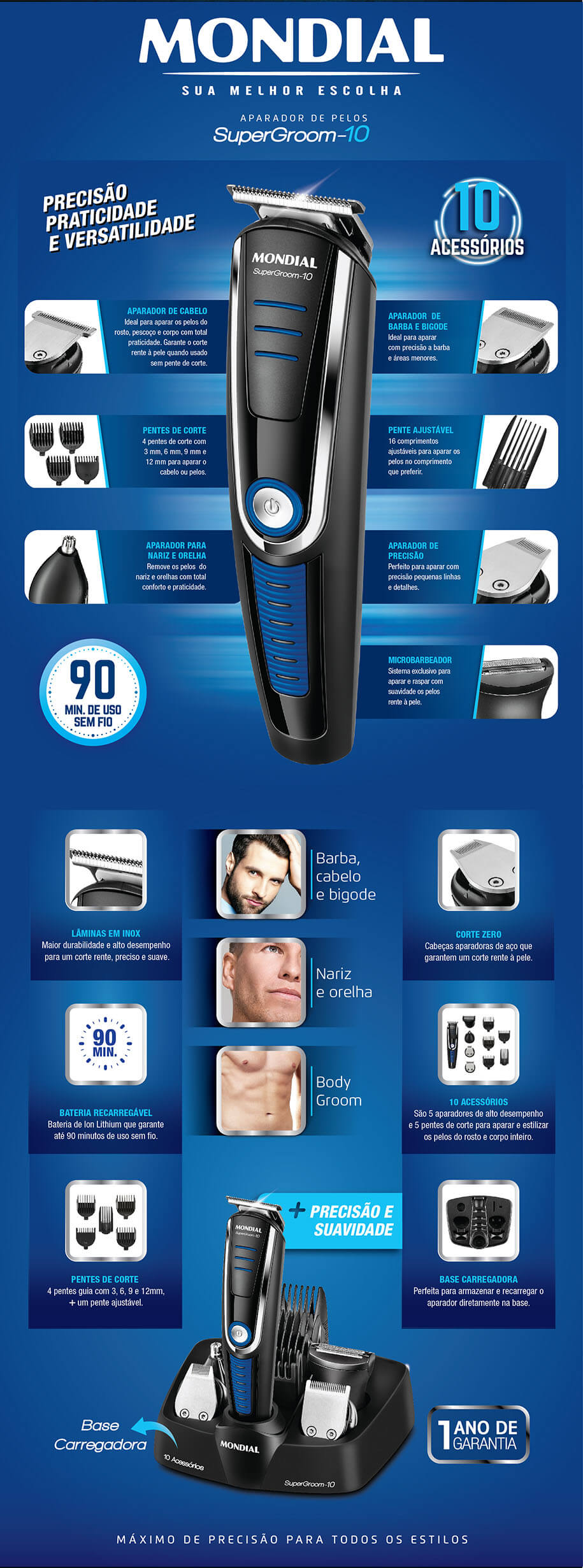 Aparador de Pelo Super Groom Mondial 10 em 1, Uso sem Fio, Lâmina Aço Inox - BG03 - Bivolt